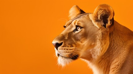 Obraz premium A lioness in profile against a bold orange background, capturing her regal stance and powerful gaze, highlighting her strength and majestic presence.