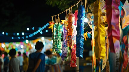 Obraz premium A vibrant Tanabata festival scene with colorful paper decorations swaying gently under a starlit night sky, capturing the festive atmosphere and the traditional celebration of wishes.
