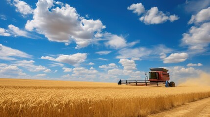 Fototapeta premium A lone harvester cuts through golden fields under a vibrant blue sky with fluffy white clouds, epitomizing the serenity of agricultural life.