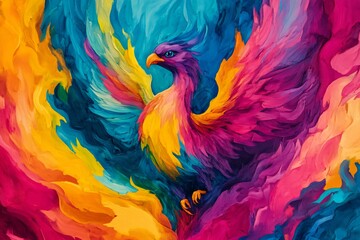 Obraz premium A multicolored phoenix rising from a sea of vibrant colors, symbolizing rebirth and the power of creative imagination.