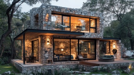 Fototapeta premium Rustic cube house with rough stone facade and metallic elements, merging nature-inspired materials with modern aesthetics, situated in a secluded area