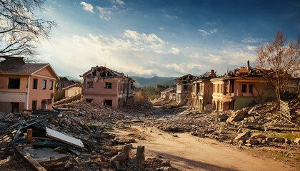 A town is in desolation after a devastating earthquake; a European town is destroyed by an earthquake and aftershock; natural disaster; disaster photography