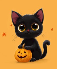 Cute Black Cat with Pumpkin for Halloween