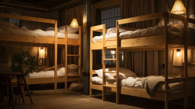 A dimly lit room features neatly arranged wooden bunk beds, creating a cozy and rustic sleep arrangement.