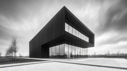 Fototapeta premium Simple black steel cube house with large glass windows, surrounded by neat gravel paths under a cloudy sky. Architectural photography, monochrome, soft shadows