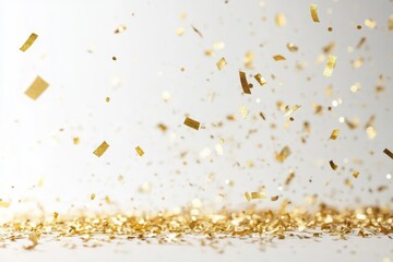 Golden confetti scattered on the ground with more falling against a white background