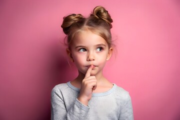 Fototapeta premium Thoughtful young girl with finger on lips and messy bun hairstyle against pink backdrop. Childhood contemplation and innocence