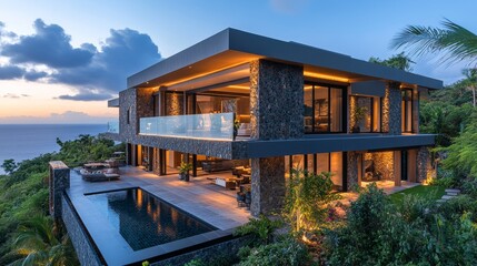 Fototapeta premium Stylish cube home with textured stone exteriors, a spacious wraparound balcony on the upper floor, overlooking a serene ocean horizon, modern lighting accents
