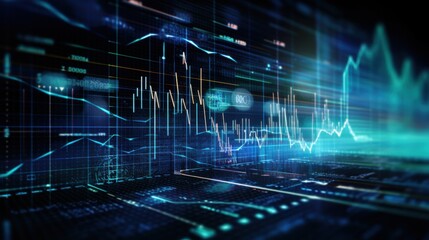 A digital interface with glowing dollar symbols, graphs, and charts exemplifies financial technology and market analytics.