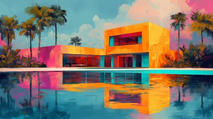 Symmetrical cube house, vibrant orange and teal window frames, set in a tropical landscape, reflecting bold colors in the water pool, Digital painting, Pop Art style