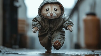 A ferret in a Frankenstein costume is running, a symbol of Halloween or Day of the Dead, which falls on October 31st every year.
