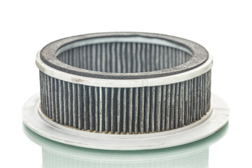 Closeup View of Used Dirty Vehicle Engine Round Air Filter Isolated Over White Background