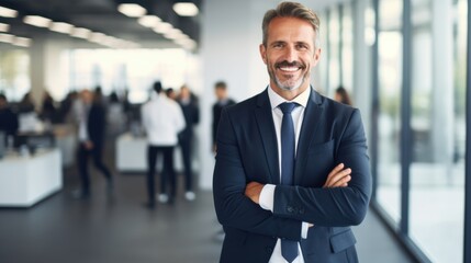 Fototapeta premium A smiling man in a dark suit crosses his arms in a bustling office, with blurred figures of colleagues working in the background.