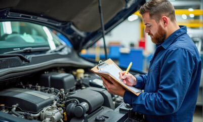 Professional mechanic at work in auto repair garage, making notes on clipboard by vehicle with open engine, maintenance check-up, car servicing and inspection process in automotive industry - Powered by Adobe