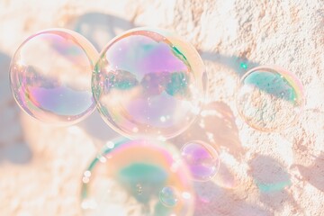 holographic soap bubbles flying in front of plaster wall