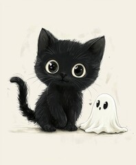 Cute Black Cat and Ghost Character Illustration