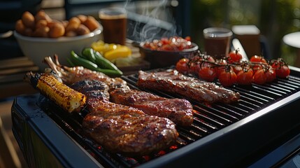 A festive Father’s Day barbecue with a grill loaded with a delicious assortment of meats and vegetables, celebrating family gatherings and outdoor cooking.