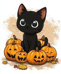 Cute Black Cat Surrounded by Halloween Pumpkins