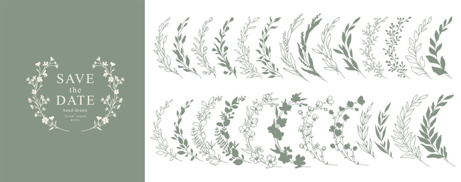 Hand drawn botanical floral elements in line art and silhouette style. Flowers, branches and leaves. Vector set for label, logo, corporate identity, wedding invitation, wreath, frame, border.