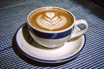 Artful Latte with Delicate Heart Design in White Ceramic Cup on Blue Gingham Tablecloth