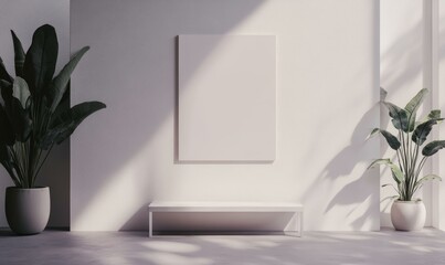 White wall, bench, plants, empty frame, minimalist.