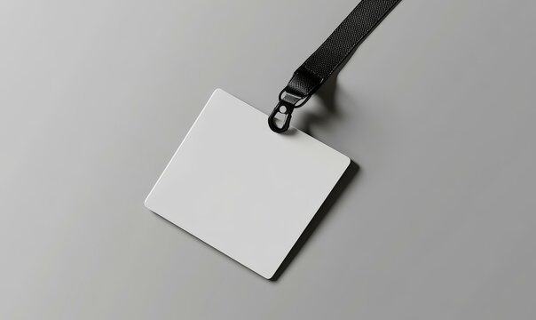 Blank white badge with black lanyard.