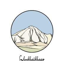 Vector emblem with hand drawn volcano Llullaillaco. Ink drawing, graphic style. Perfect for travel, sport or spiritual designs.