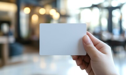 A hand holding a blank white card.
