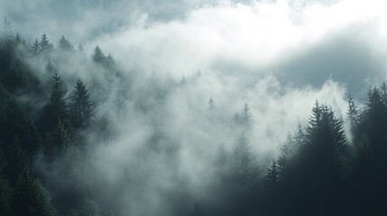 Fototapeta premium A dense forest shrouded in mist, with sunlight filtering through the clouds, creating a dramatic and ethereal scene.