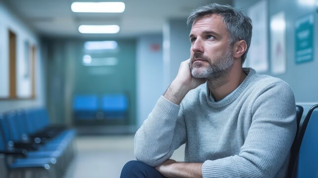 A sad man in a hospital waiting room, sitting in silence, anxiously waiting for news, filled with uncertainty
