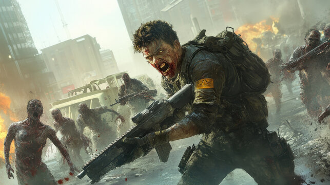 Zombie hunter with rugged armor and battle-worn weapons, fighting off a horde of zombies in an abandoned urban landscape