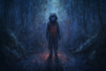 Fototapeta premium Mysterious hooded figure in eerie blue-lit forest at night