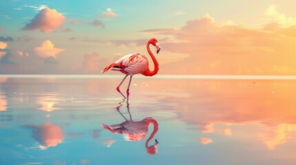 Fototapeta premium Elegant Flamingo Reflecting in Serene Tropical Sunset Landscape