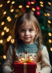 Blonde Girl Holding a Red Christmas Gift in Front of Festive Lights