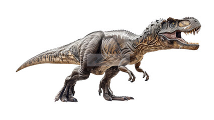 Isolated image of Carcharodontosaurus against a white background, focusing on its imposing structure, detailed anatomy, and fierce appearance