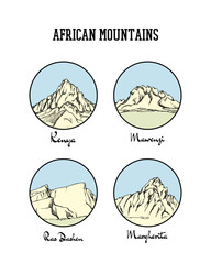 Vector emblem set with hand drawn African mountains. Ink drawing, graphic style. Perfect for travel, sport or spiritual designs.