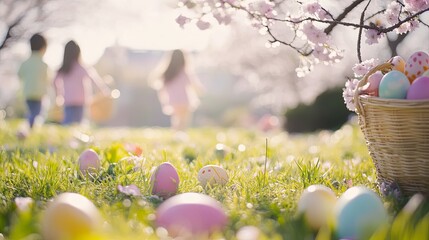 Joyful Easter Sunday scene with children happily hunting for colorful painted eggs scattered across a lush meadow under blooming cherry blossom trees.