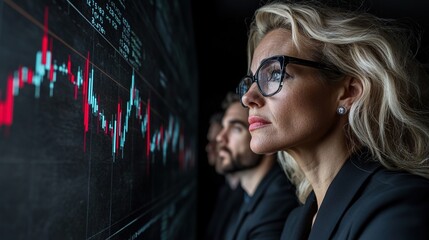 Business team analyzing stock data on digital screens