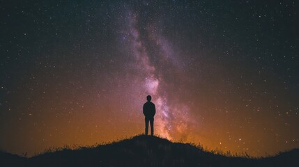 A silhouette against stars, showing a lone figure standing on a hilltop under a vast sky full of stars, creating a sense of wonder and solitude.