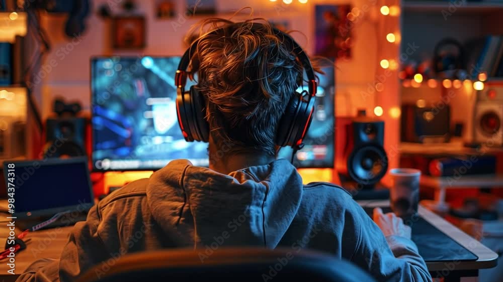 Poster a passionate young gamer wearing headphones sits in front of a computer setup, fully focused on the 
