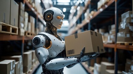 Humanoid robot working in a futuristic warehouse carrying boxes