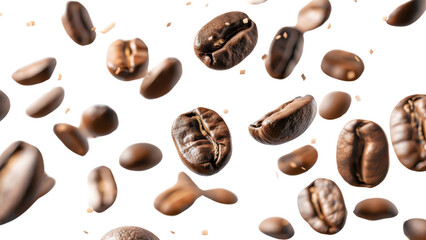 Fototapeta premium Many brown coffee beans flying through the air, isolated on a white background, showcasing their rich color and smooth texture as they descend to the ground