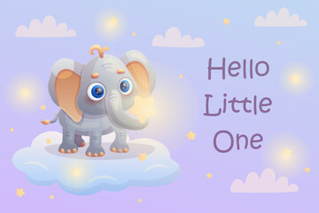 Greeting card with cartoon elephant with star on the cloud. Hello Little One. Vector illustration.