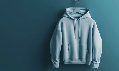 A light blue hoodie hangs on a hanger.