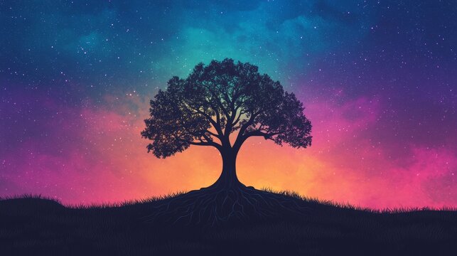 A tree with roots growing upward into the sky, glowing with multicolored light, symbolizing reversing norms and challenging expectations