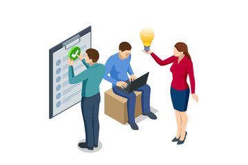 Isomtric business idea lights up like a bulb, becoming the foundation for a successful startup. With teamwork and brainstorming, success follows