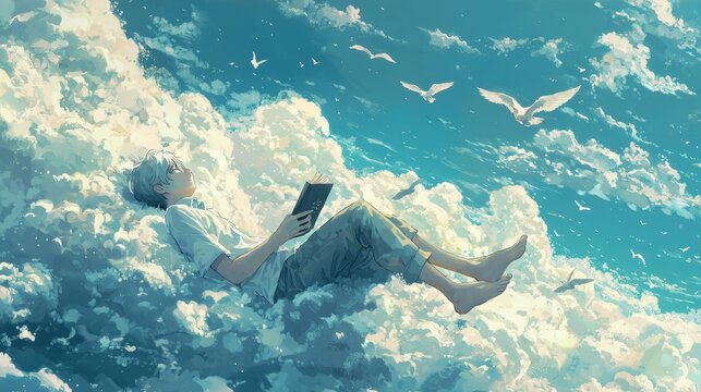 Serene Anime Boy Reading on Cloud with Soaring Birds - Tranquil Fantasy Sky Scene with Leisurely Reader