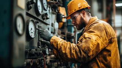 Fototapeta premium industrial equipment maintenance, A maintenance engineer checking the gauges and instruments on heavy machinery in an industrial setting, with tools and parts organized nearby