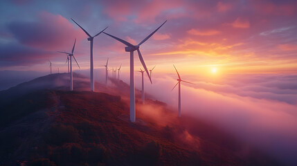 Fototapeta premium Wind Turbines on Mountain Peak at Sunset, Aerial View