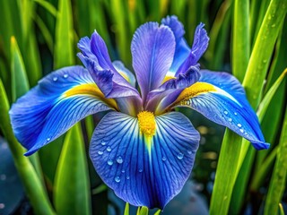 A close-up shot captures the essence of a water iris, its delicate blue petals and sunny yellow crest radiating beauty and freshness.